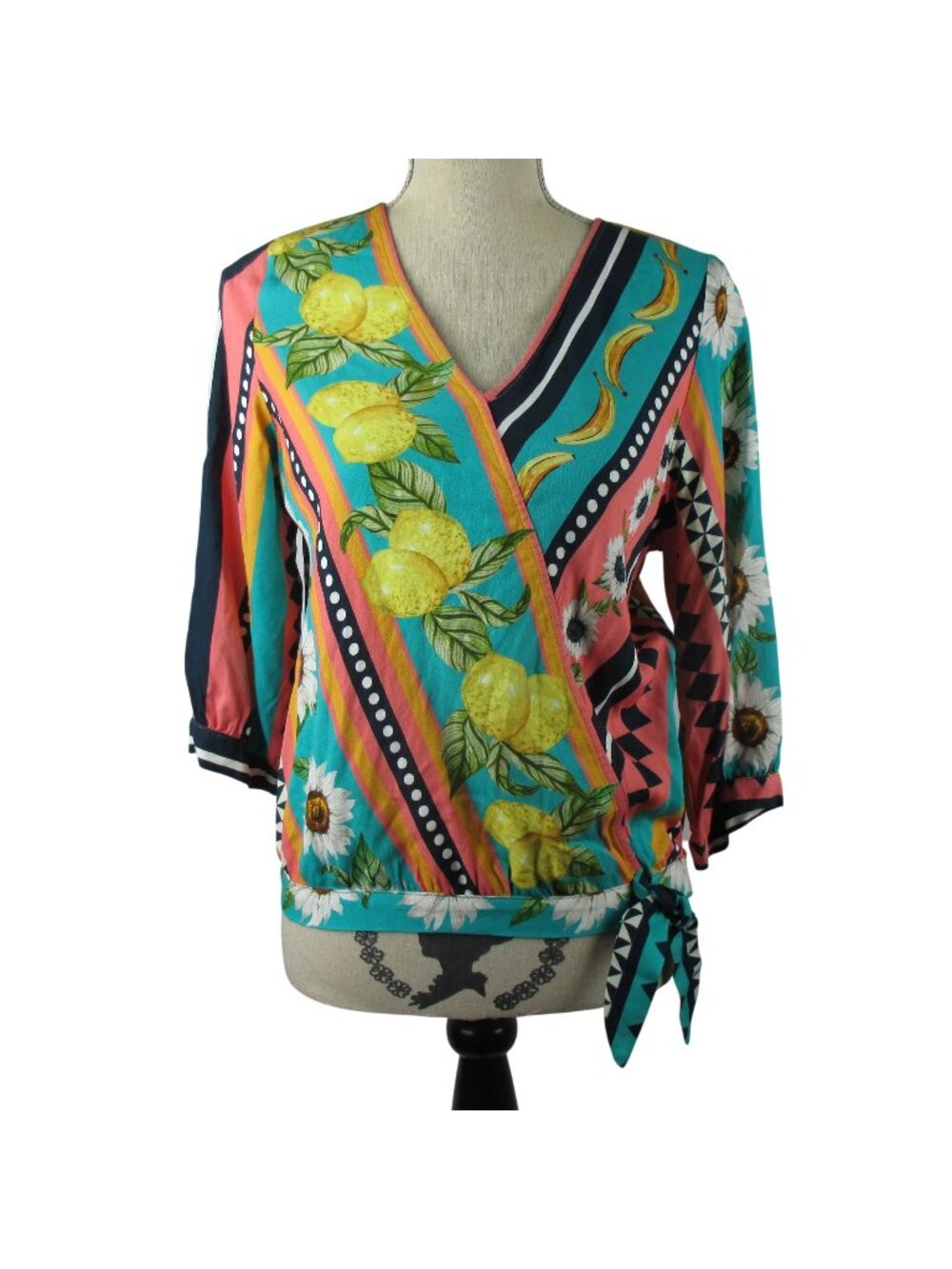 Munny Colorful Women's V-neck Blouse W/ Lemons & Floral Print Tie Waist Size S